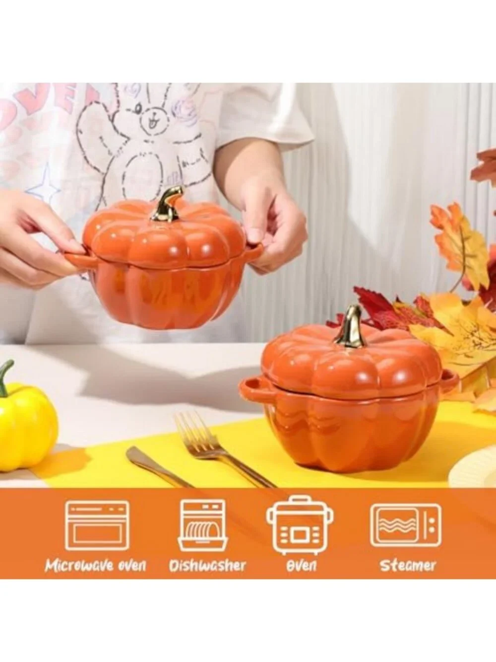 Set of 6 Pumpkin Ceramic Soup Bowls, 15 oz - Fall Decor, Orange Tableware